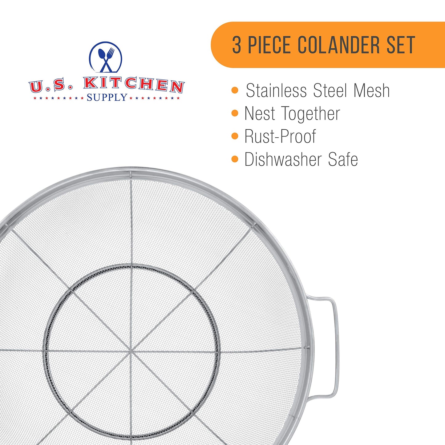 U.S. Kitchen Supply Set of 3 Stainless Steel Colander Strainers Net Baskets 5, 4, & 3-Quart - Colander with Handles & Resting Base - Stainless Steel Sieve, Mesh Strainers and Colanders for Kitchen