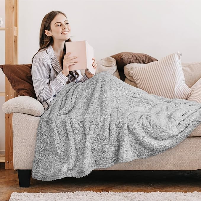 PAVILIA Sherpa Throw Blanket for Couch Sofa, Light Grey Fluffy Warm Plush Blanket for Twin Bed, Cozy Super Soft Lightweight Throw, Fuzzy Decorative Blanket, All Season Home, 60x80