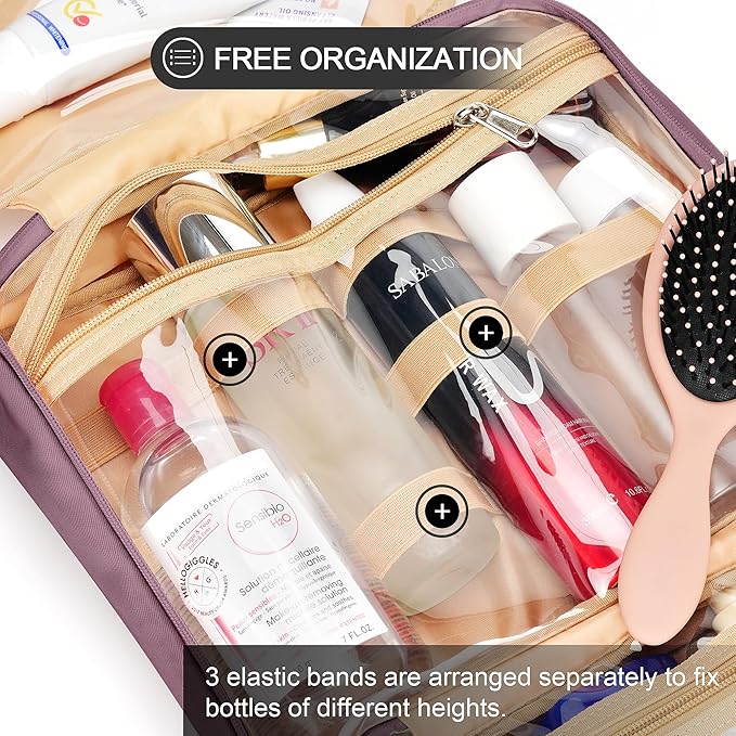 Travel Hanging Toiletry Bag for Women, Large Makeup Bag 8 Leak Proofing Silicone Bottle Covers, Waterproof Cosmetic Bag with Jewelry Organizer Compartment, Toiletries Kit Set, Purple
