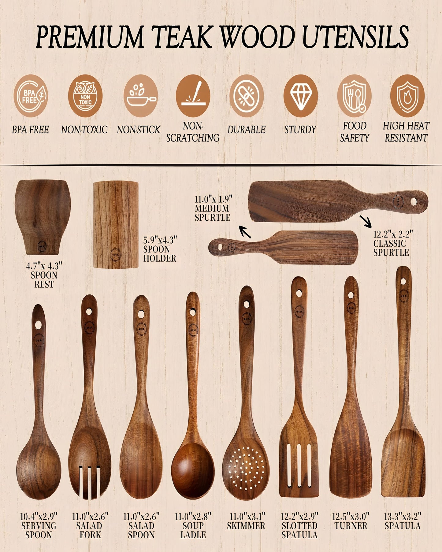 12-Piece Natural Teak Wood Utensil Set with Holder & Rest - Nonstick Cooking Spoons, Spurtles, Heat Resistant Tools