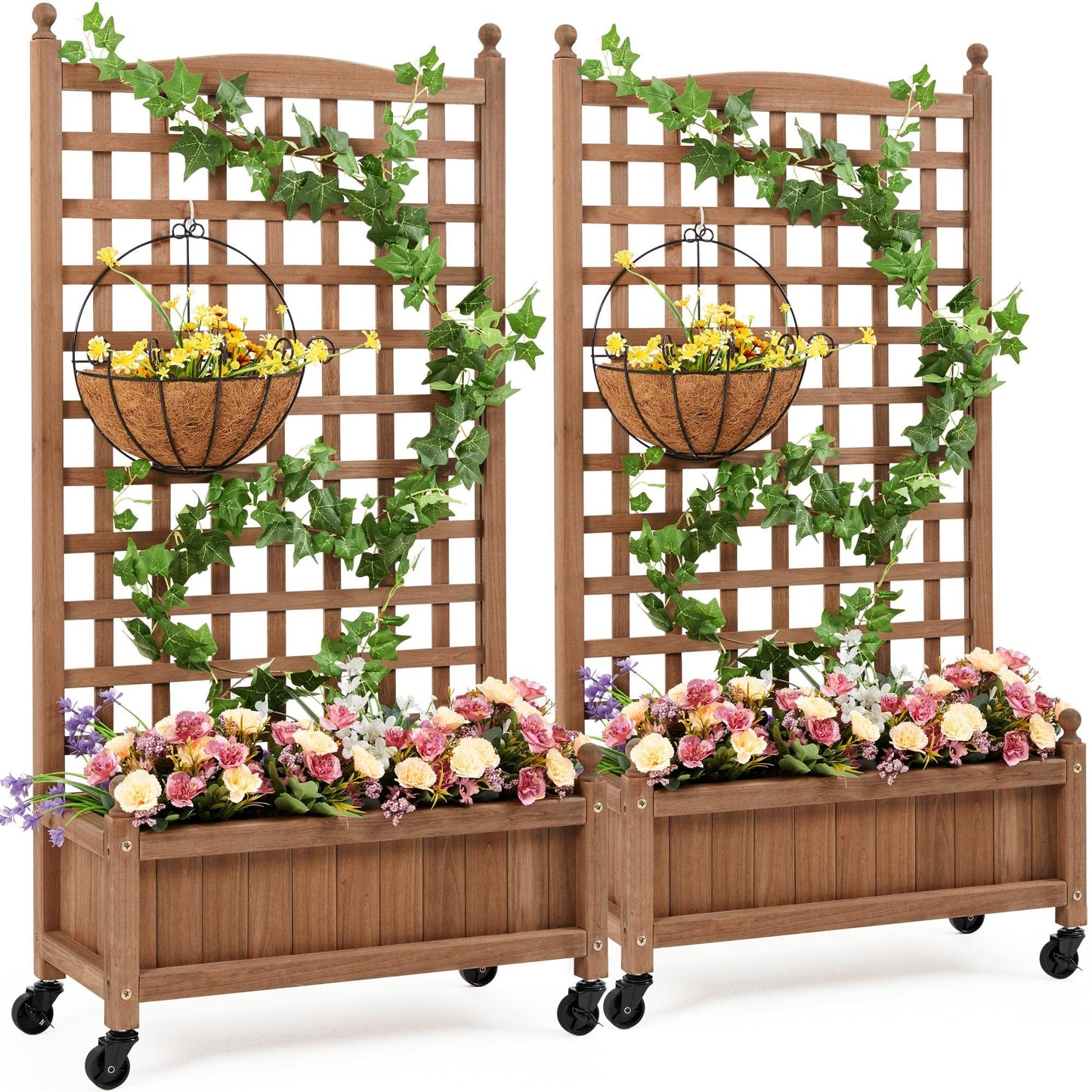 Yaheetech 2pcs 50" H Raised Garden Bed with Trellis & Wheels Standing Vertical Horticulture Planter Box for Vine Climbing Plants, Flowers, Herbs Brown