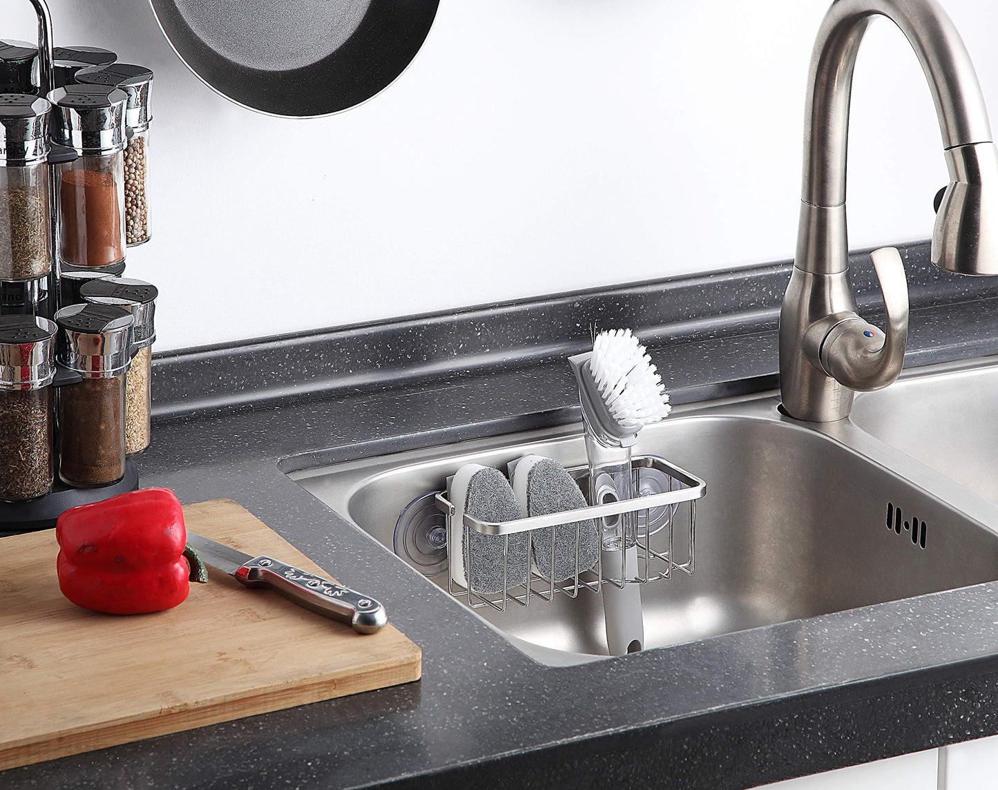 SunnyPoint NeverRust Deluxe Kitchen & Bathroom Sink Sponge Holder Organizer with Adhesive Mount - Additional Suction Cup Included – Sponge & Brush NOT Included – 7.4 x 3.3 x 2.75 Inch