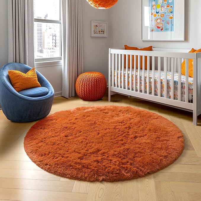 Amdrebio Burnt Orange Round Area Rug 5Ft for Bedroom Living Room, Fluffy Fuzzy Shaggy Furry Circle Rugs for Kids Room Decor Aesthetic, Cute Plush Shag Dark Orange Carpet for Nursery Dorm Classroom