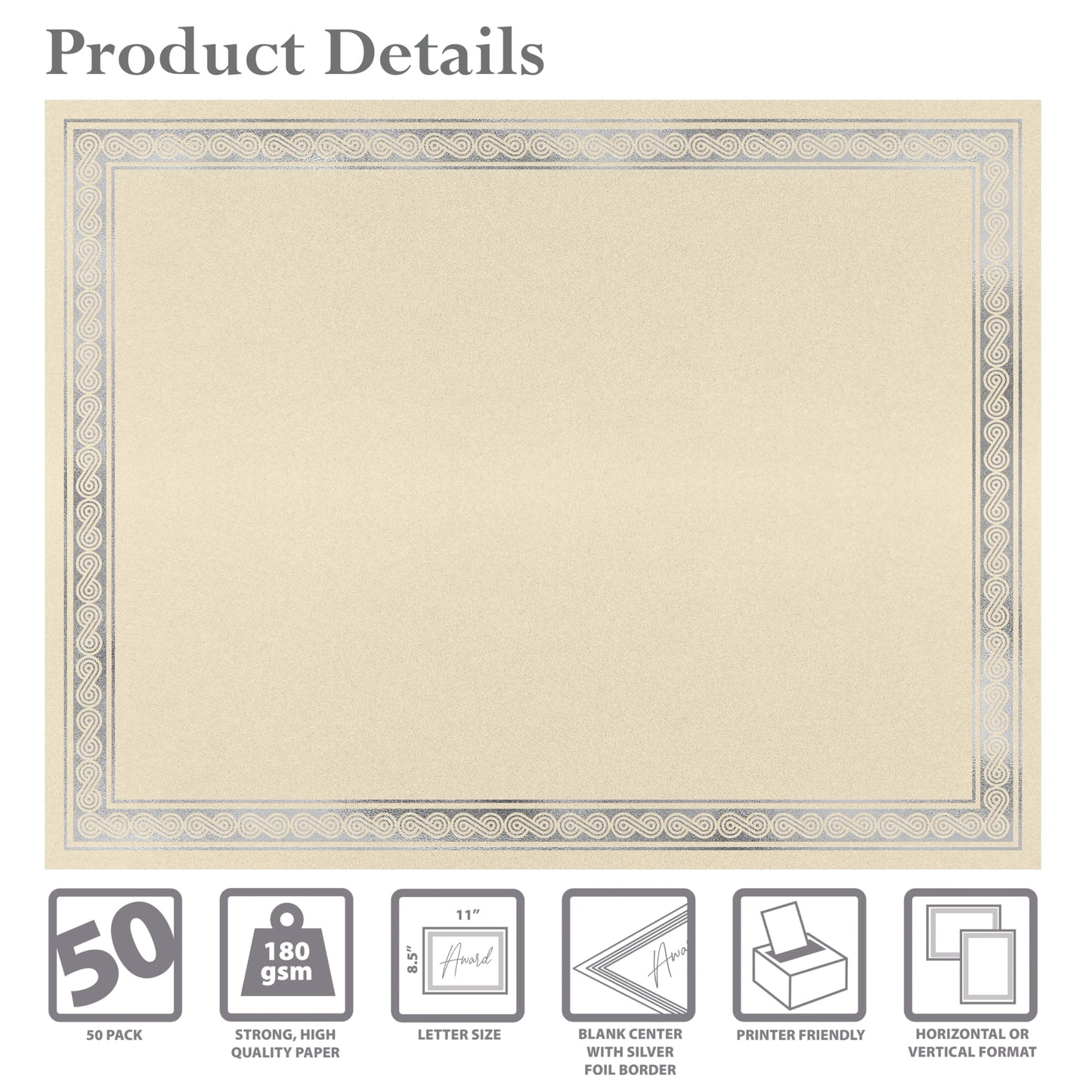 Better Office Products 50 Sheet Award Certificate Paper, Silver Foil Metallic Border, Ivory Letter Size Blank Paper, Diploma Certificates, Laser and Inkjet Printer Friendly, 8.5 x 11 Inches