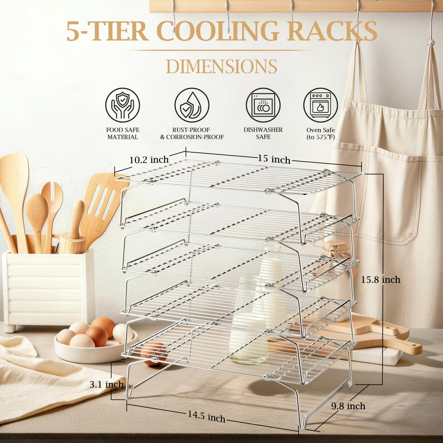 LIANYU Cooling Rack 15"x10", 5-Tier Stackable & Collapsible Stainless Steel Baking Wire Racks for Cooking, Baking, Roasting, Drying, Oven & Dishwasher Safe, Silver