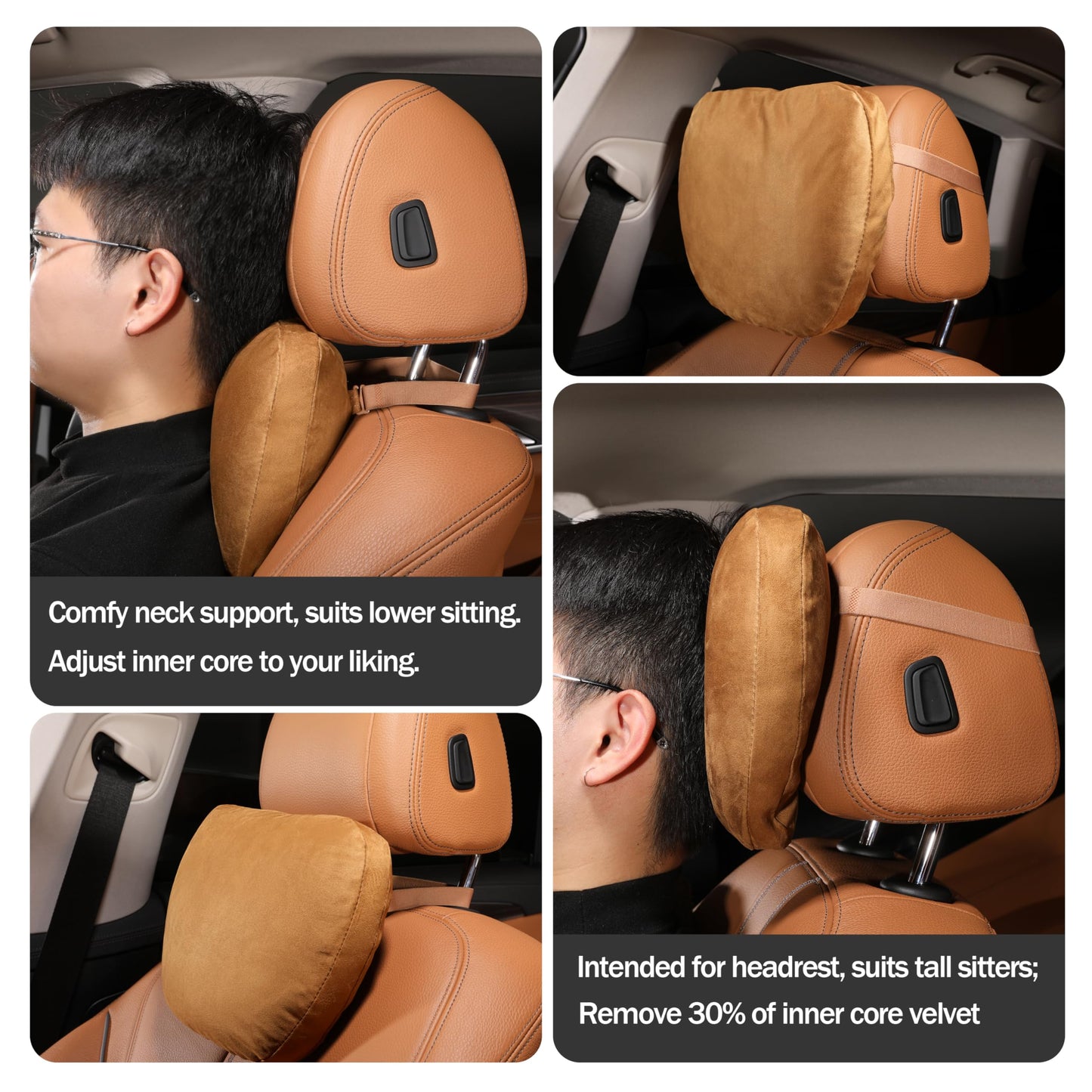 POKSRI 2pcs Car Neck Pillow for headrests,Support Drive Seats Head Cushion Pillows,Superfiber Suede,Plant-Based Polyester,Thickness & Height Adjustable,11.8x7.5,Inner Liner fillable(Grey)
