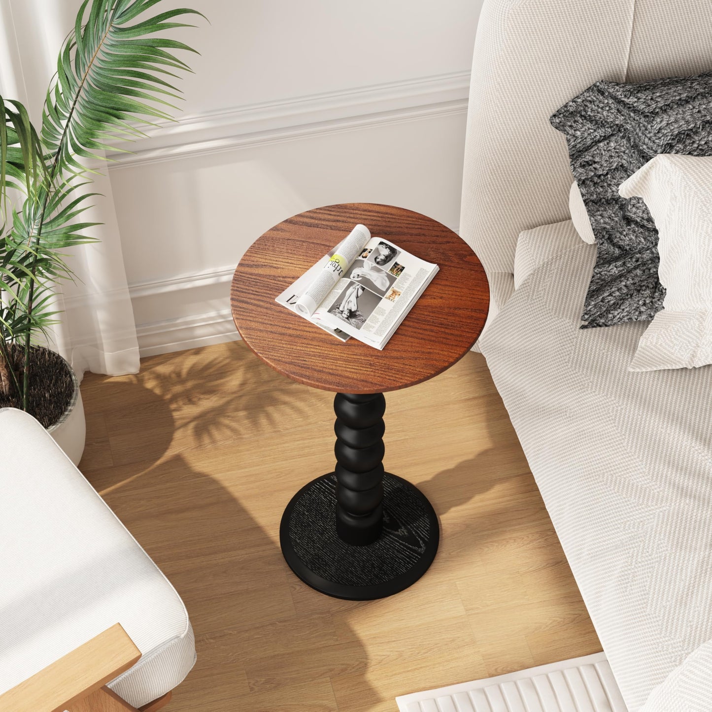 zaowofires Solid Wood Round Side Table, Small Drink Table,Cocktail Table, Wooden Pedestal End Table, Plant Stand for Living Room, Bedroom,Office and Corners (Walnut/Black, 11.8" W*21.65" H)