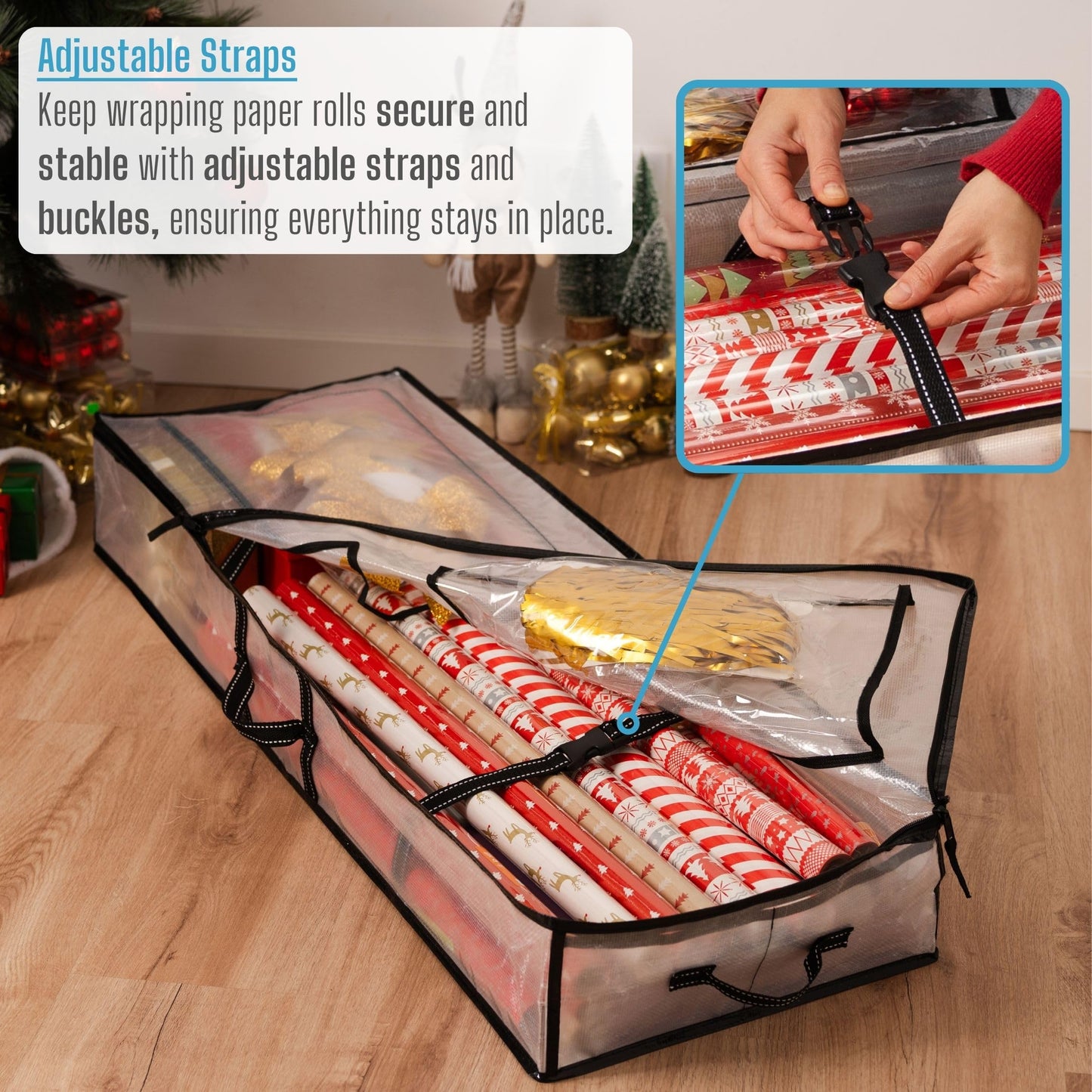 VENO 2 Pack Clear Wrapping Paper Organizer Storage Box for Christmas Gift Bags and Holiday Accessories, Underbed Storage Container with Interior Pockets, 40 Inches Long Fits 24 Rolls (2 Pack)