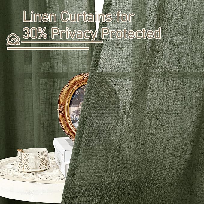LAMIT Light Filtering Linen Curtains 78 inch for Bedroom, Linen Textured Semi Sheer Back Tab and Rod Pocket Boho Modern Christmas Decor Drapes for Living Room, Olive Green, 2 Panels, 52 x 78 Inch
