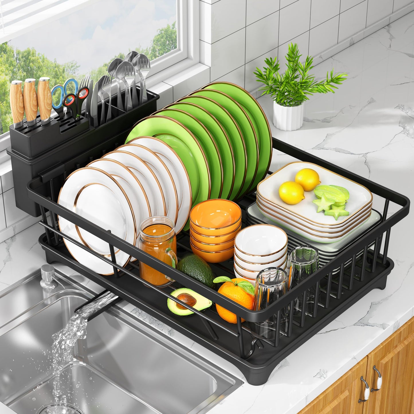 Kmiectse Dish Drying Rack - Space-Saving Small Dish Rack for Kitchen Counter, Rust-Resistant Kitchen Drying Rack, Compact Dish Drainer Organizer with Utensil Holder for Home Kitchen, Black