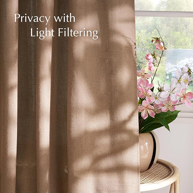 NICETOWN Gold Brown Linen Curtains for Kitchen, Thick Flax Small Window Treatments Semi Sheer Privacy Assured with Light Through for Cafe/Bathroom, W55 x L84, 2 Panels