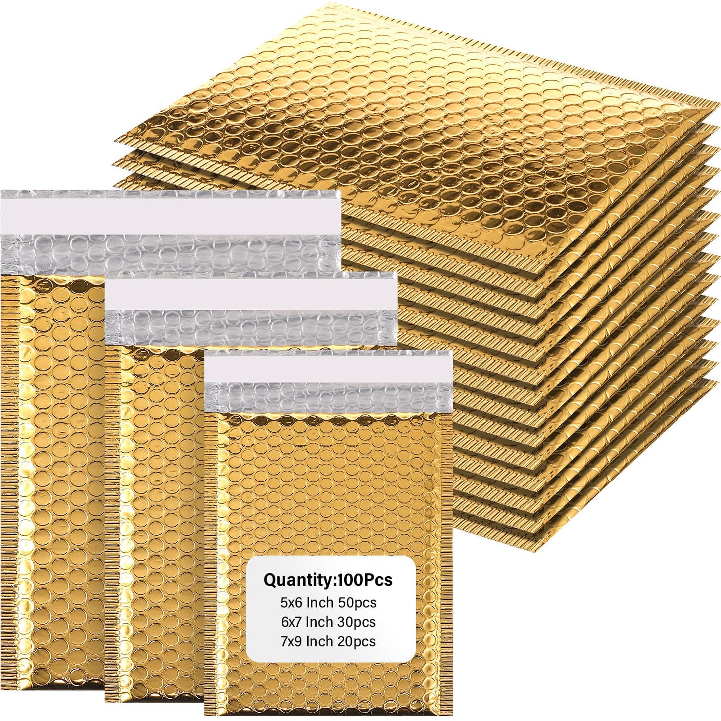 Yeyeplum 100 Pack Valentine's Day Gift Wrapping Bubble Mailers 3 Sizes Metallic Bubble Envelopes Waterproof Self Sealing Bags for Spring Back to School Packing Small Business(Gold,Metallic)