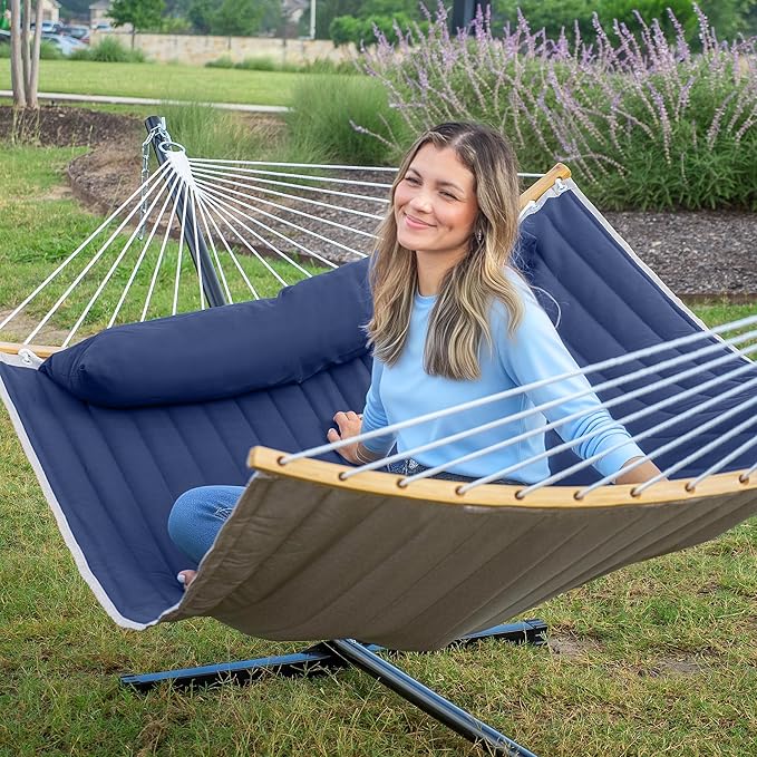 2 Person Hammock with Stand Included, Outdoor Hammock with Curved Spreader Bar, Pillow and Carrying Bag, 450 Lbs Capacity, Navy Blue