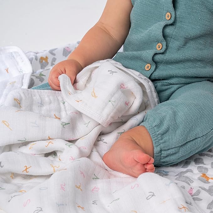 aden + anais Essentials Dream Blanket, Muslin Baby Blankets for Girls & Boys, Ideal Lightweight Newborn Nursery & Crib Blanket, Alphabet Animals