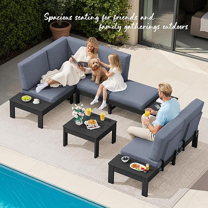 SERWALL HDPE Outdoor Sofa Set, All-Weather Patio Furniture Set, Seats 6, Modular Sectional Patio Furniture for Deck, Yard and Balcony, Black Frame with Grey Cushion