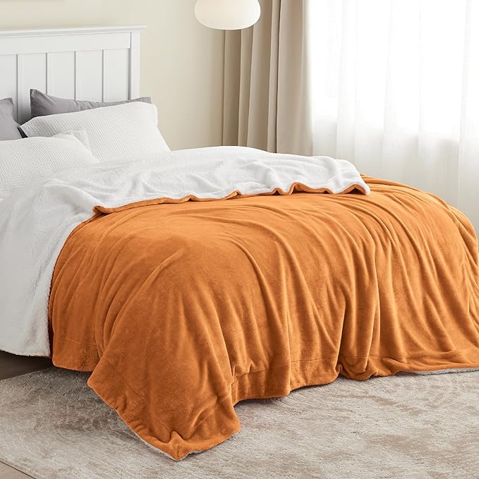 Bedsure GentleSoft Sherpa Fleece Blankets Queen Size for Bed - Thick and Warm, Soft Fuzzy Plush Queen Blanket for Winter, Orange, 90x90 Inches