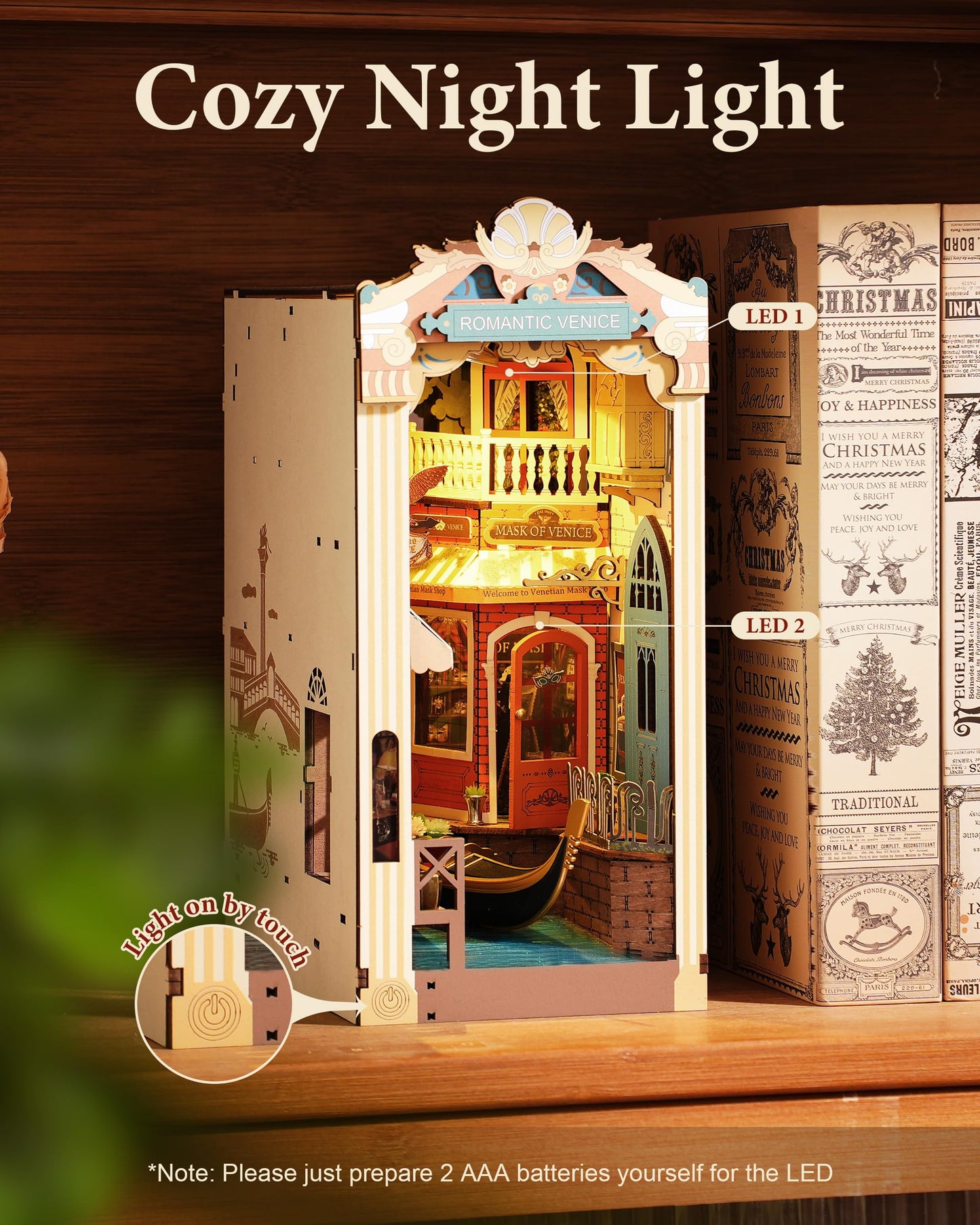 ROBOTIME Book Nook Kit with Dust Cover DIY Miniature House with LED 3D Wooden Puzzle Booknook Bookshelf Insert Decor Bookend Model Craft Hobby Gift for Teens and Adults (Romantic Venice)