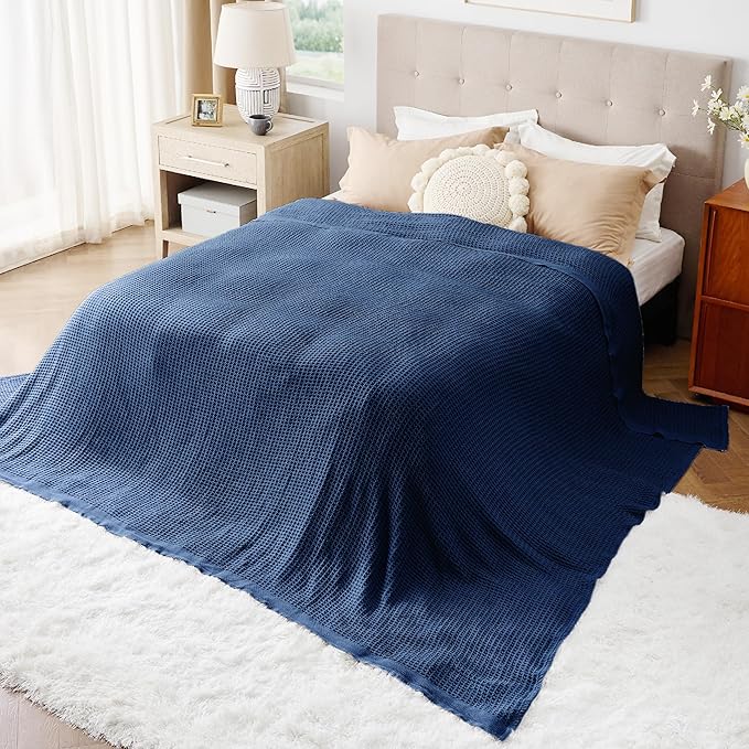 Bedsure 100% Cotton Large Blanket Oversized King for Bed - Breathable Waffle Weave Blanket for Summer Spring, Couch Cover, Navy, 120x94 inches