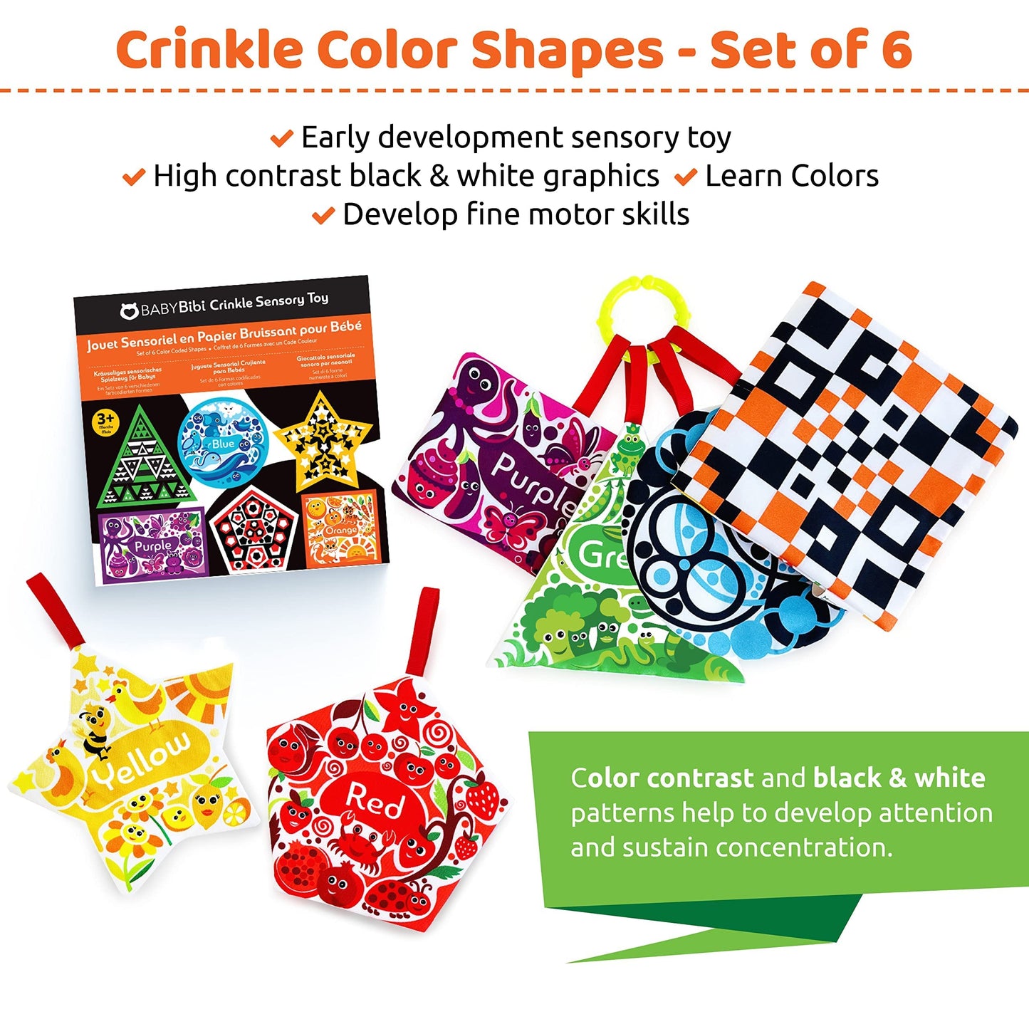 BabyBibi High Contrast Crinkle Paper Shapes - Baby Sensory Toys for Visual Development, Tummy Time - Crib, Stroller & Car Seat Crinkle Toys for Babies & Infants 3 Months+