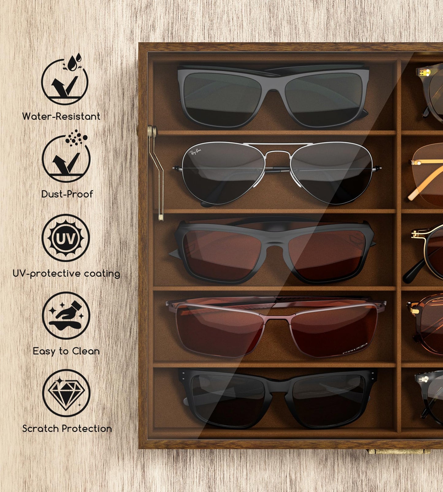 NEWLOOP Sunglass Organizer for Women Men - Multiple Pair of Sunglasses Storage Box Eye Glass Watch Display Case with 10 Slots Wooden