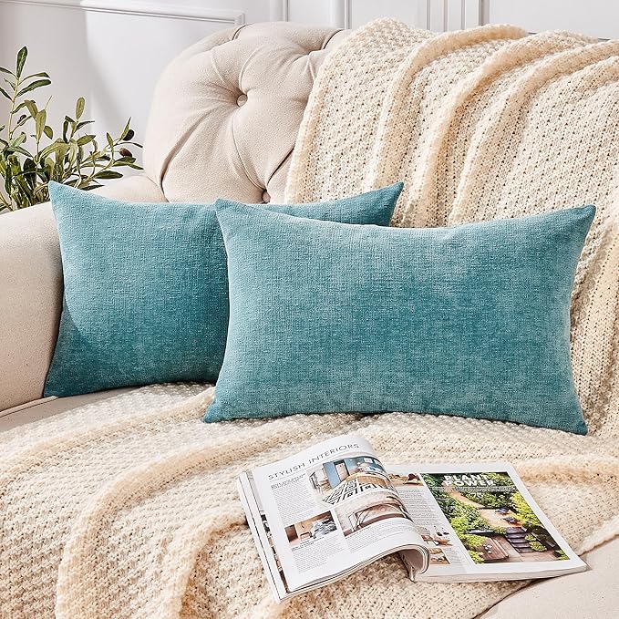 GAWAMAY Lumbar Decorative Rectangle Throw Pillow Covers 12"x20" Inch Set of 2, Super Soft Chenille Pillowcase for Sofa Living Room Bedroom Couch Cushion Cover Smoke Blue 30x50cm (ONLY Covers)