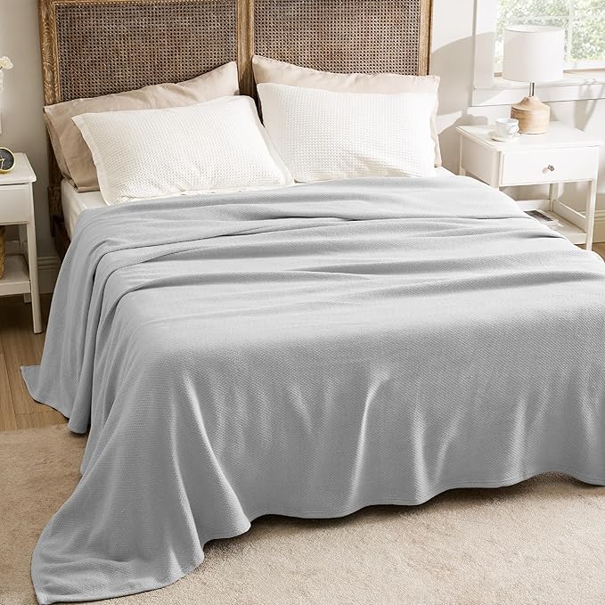 Bedsure 100% Cotton Blanket Queen Size for Bed - Breathable and Lightweight, Soft Cozy Textured Herringbone Woven Blanket for Summer Spring, Grey, 90x90 inches