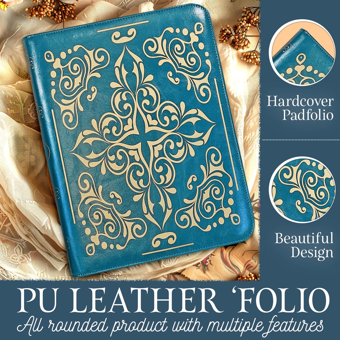 Professional Padfolio for Organized Productivity, Zippered Portfolio, Business Card & Interview Portfolio, Tablet, Laptop, Phone & Folder Holder, Included Pen & Notepad, Antique Teal Binder.