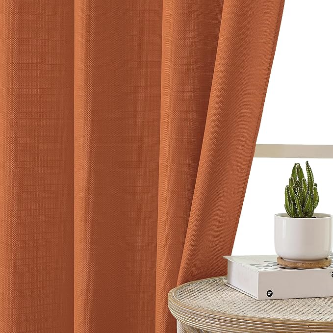 Chyhomenyc Orange Faux Linen Slub Textured Semi Sheer Small Window Kitchen Valance Curtain, Rod Pocket Cafe Valance for Bathroom Laundry Basement, 30Wx14L inch, 2 Piece