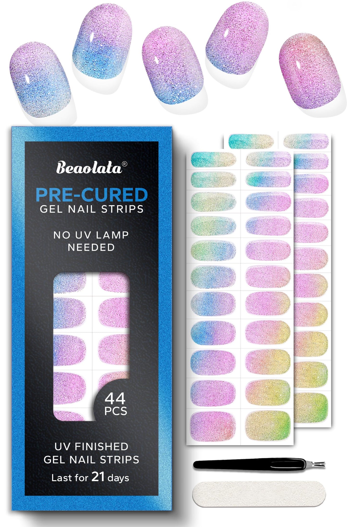 Beaolata Real Gel Nail Strips (No UV Light Needed) - 44Pcs Salon Quality Nail Stickers - Long Lasting Polish Wraps for Women, Easy Apply & Remove (Unicorn Magic Green)