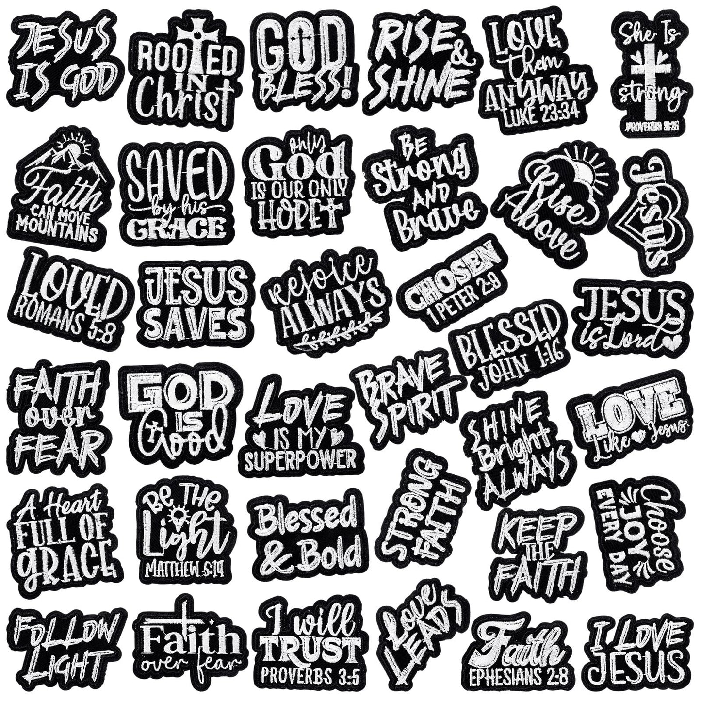 Hahafelt 36 Pcs Black Christian Embroidered Iron on Patches Motivational Bible Verse Religious Sew on Applique Patches for Hat Backpack Jacket Clothes DIY Accessories Decorations