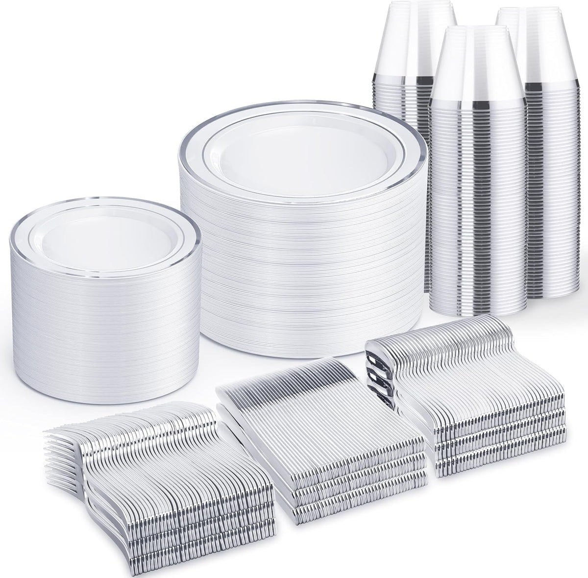 WELLIFE 600 PCS Silver Disposable Dinnerware Set for 100 Guests, Wedding Plates Silver Plastic Plates for Party, 100 Each-Dinner & Salad Plates, Cups, Forks Knives Spoons for Wedding and Anniversary
