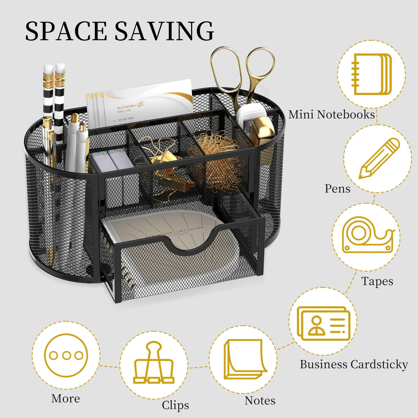 SUPEASY Mesh Desk Organizer, Desk Accessories & Workspace Organizers with Drawers, Pencil Holder for Desk with 9 Compartments for Office Supplies, School, Classroom, 8.6 x 4.3 x 4.1 Inch, Black
