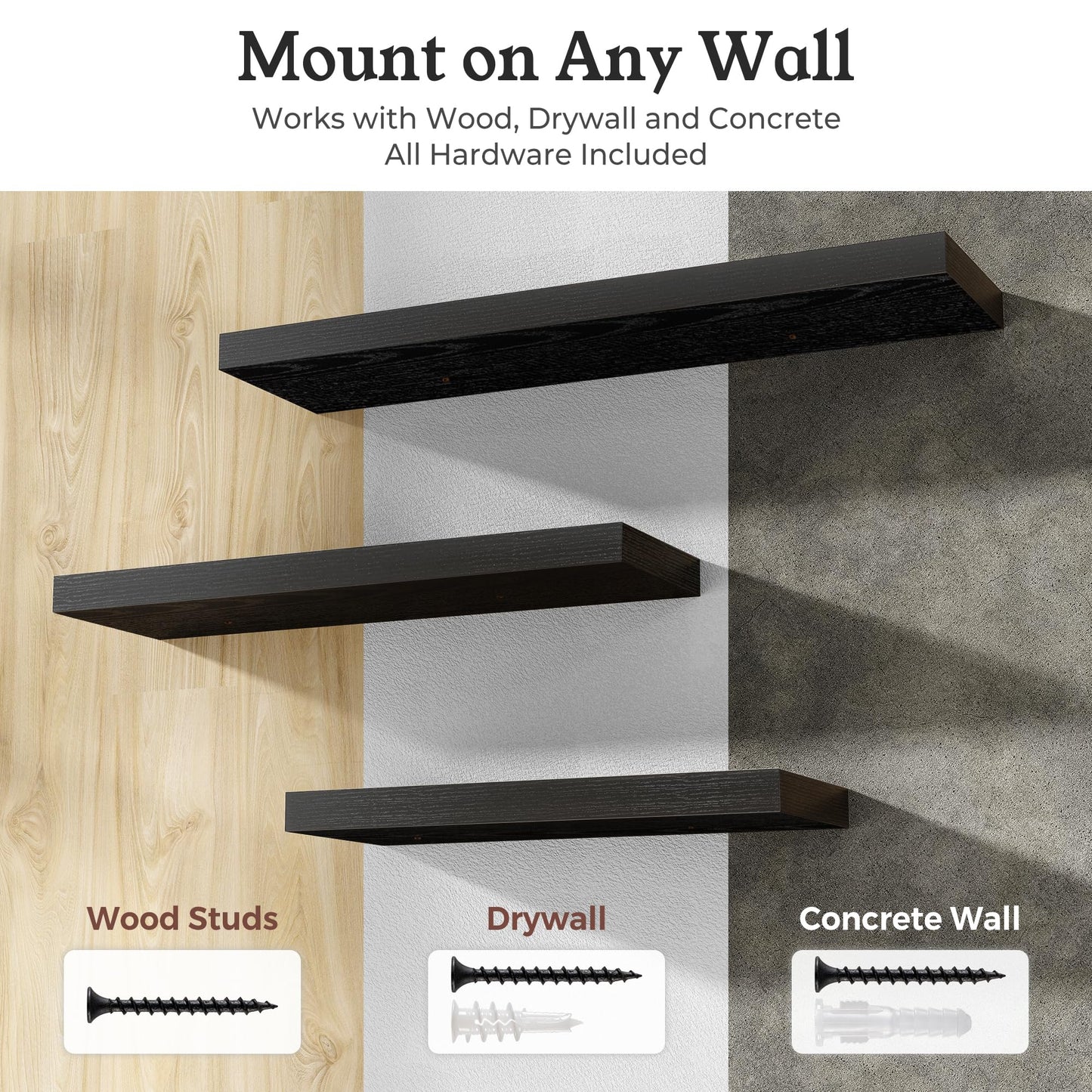 Ornawit Floating Shelves for Wall, 9.3" Deep Wall Mounted Wood Shelves for Bathroom, Bedroom, Living Room, Kitchen, Hanging Shelf for Books/Storage/Room Decor (Black, 24")