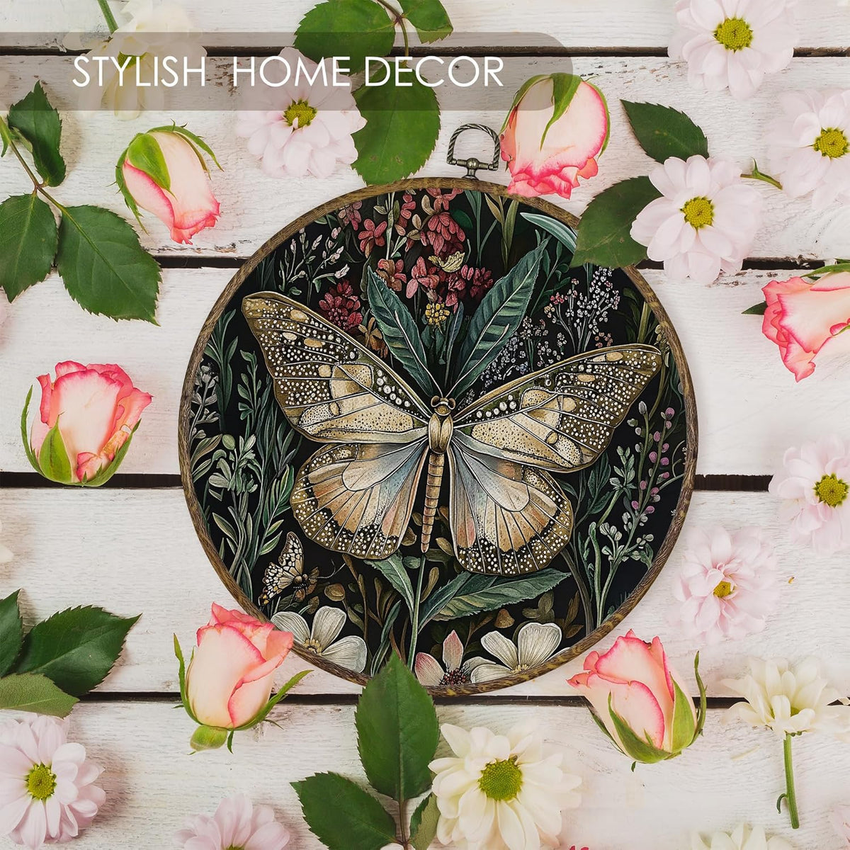 Fewgb Vintage Dark Moody Butterfly Round Wall Art Decor Framed for Bedroom Kitchen, Dark Cottagecore Academia Canvas Wall Art Prints Picture, Gothic Botanical Hanging Room Decor Artwork 10x10