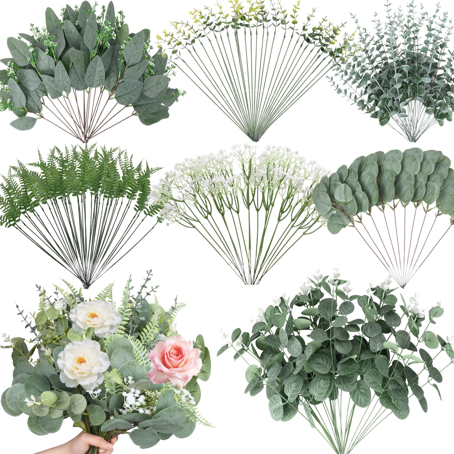 Hoplito 150 Pcs 7 Kinds Mixed Artificial Eucalyptus Leaves Stems Bulk, Fake Greenery Plants Faux Silver Dollar Eucalyptus Leaves for Wedding Vase Bouquet Floral Arrangement Centerpiece Home Decor
