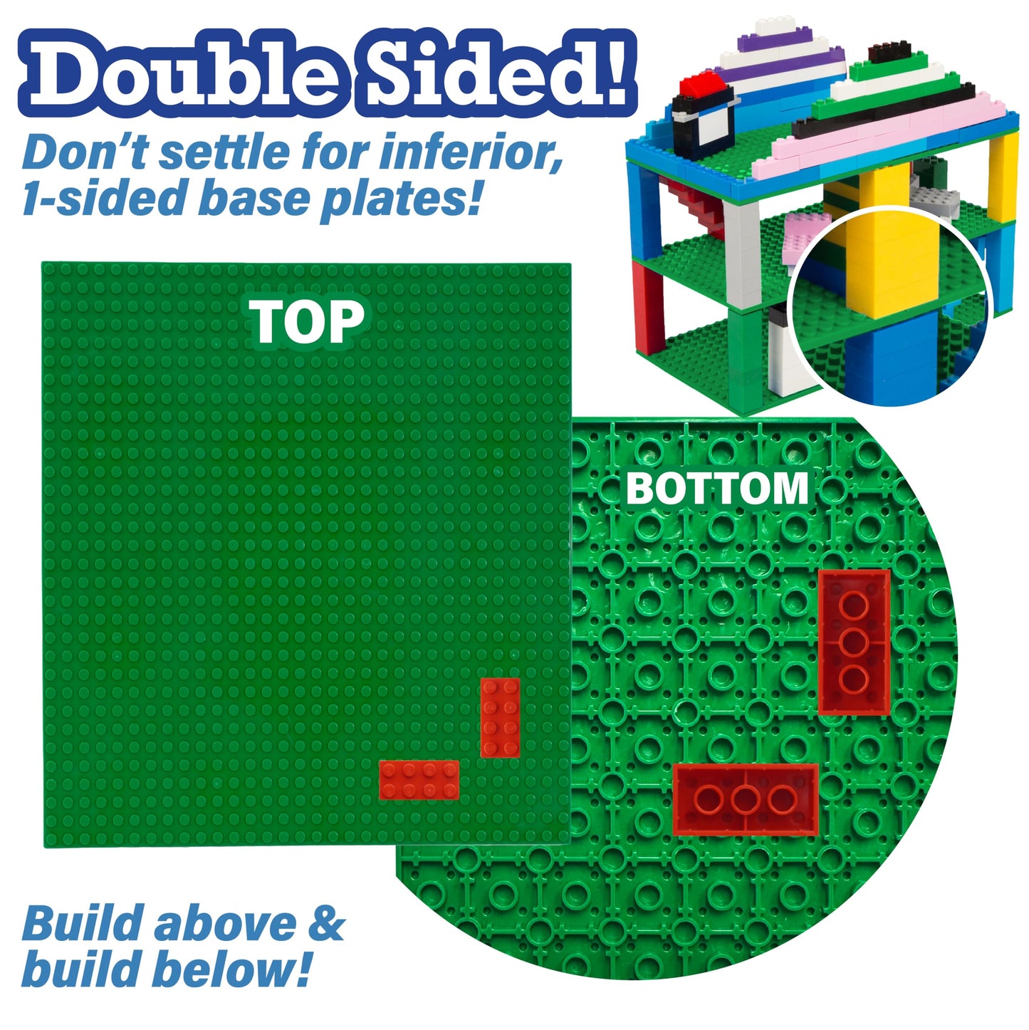 Classic Baseplates for Building Bricks - Set of 4 Large Green 10"x10" Building Plates- Dual Connectivity, Build on Both Sides - Compatible, Tight Fit w Major Brands- STEM Creative Toy & Kids Bday Gift