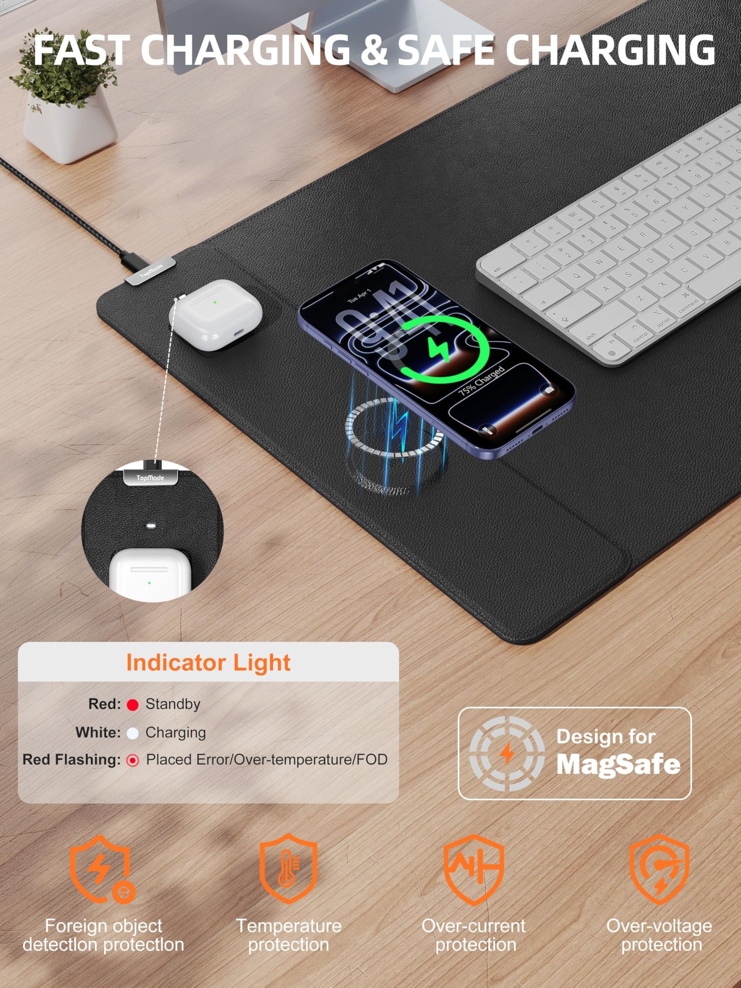 TopMade Mouse Pad with 15W Wireless Charging, XXL Large Leather Desk Mat, Waterproof Gaming Mousepad Home Office Desk Pad Protector, Computer Keyboard Pad, Mouse Mat for MacBook, PC, Laptop, Black