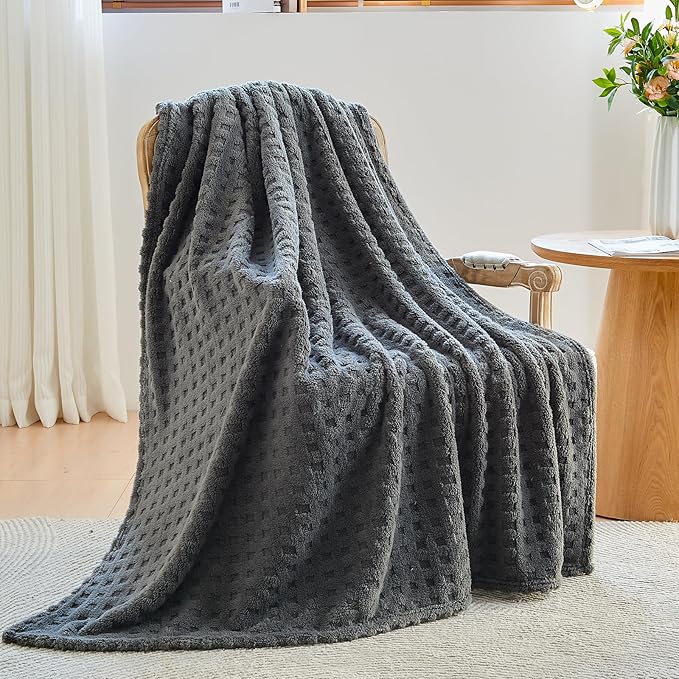 NEWCOSPLAY Super Soft King Blanket Grey Premium Silky Flannel Fleece 3D Waffle Checkered Lightweight Bed Blanket All Season Use (Dark Grey, King(90"x110"))