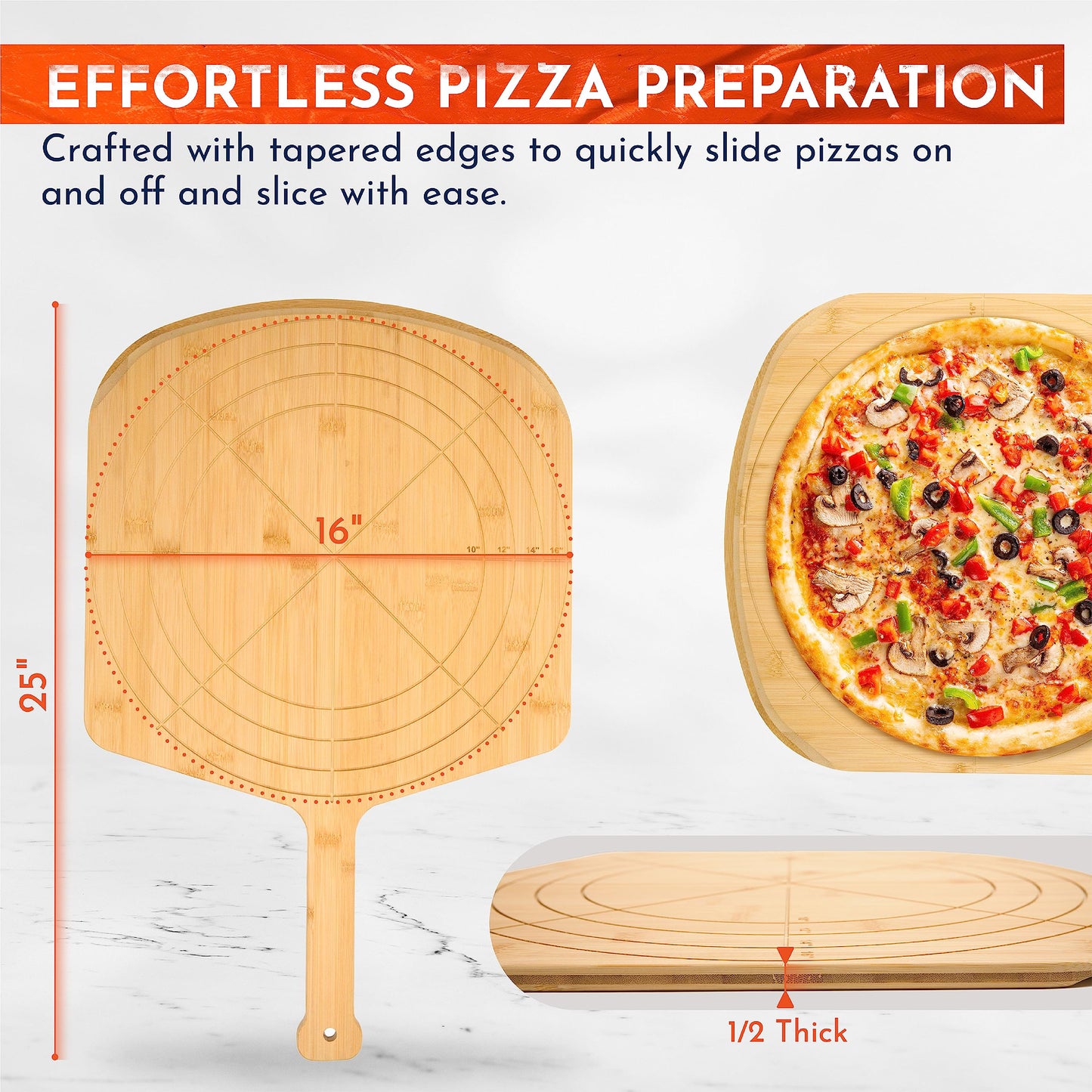 Loftern Wooden Pizza Peel 16 Inch Board with Engraved Sizes - Multi-Purpose Bamboo Pizza Cutting Board, Wood Pizza Peel, Pizza Spatula Paddle, and Serving Board with Size and Cutting Guide