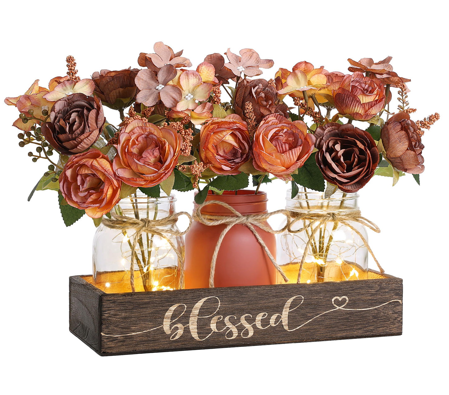 Fancyplus 3 Pcs Mason Jar Centerpiece with Wood Tray & LED Light, Farmhouse Table Decor for Dining Room Kitchen Living Bathroom, Orange