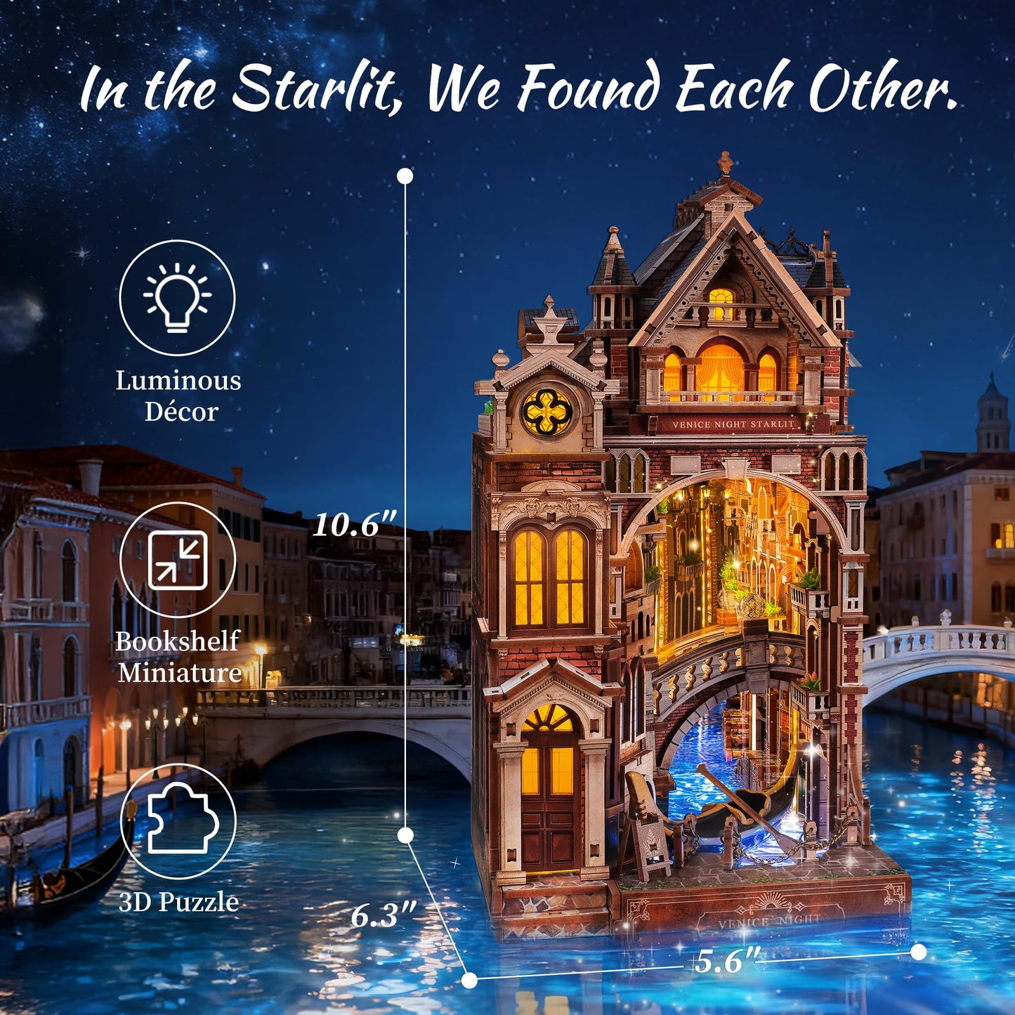 FUNPOLA Venice Night Starlit Book Nook Kit – LED 3D Wood Puzzle with Infinity Mirror – DIY Bookshelf Decor, Miniature Craft Gift for Kids and Adults