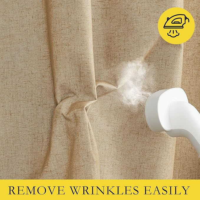 NICETOWN 100% Absolutely Blackout Linen Curtains with Thermal Insulated White Liner, Camel, W52 x L95, 2 Panels, Textured Linen Look Noise Reducing Window Treatments Drapes for Bedroom/Living Room