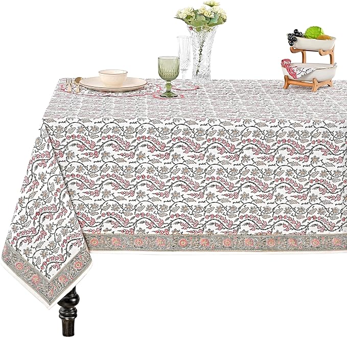 Ridhi Hand Block Print Coral Pink Rectangle Cotton Tablecloth 108" x 60" Reusable Table Cover Decorative Everyday Use for Dining, Farmhouse, Home Gift for Spring, Easter, Valentine