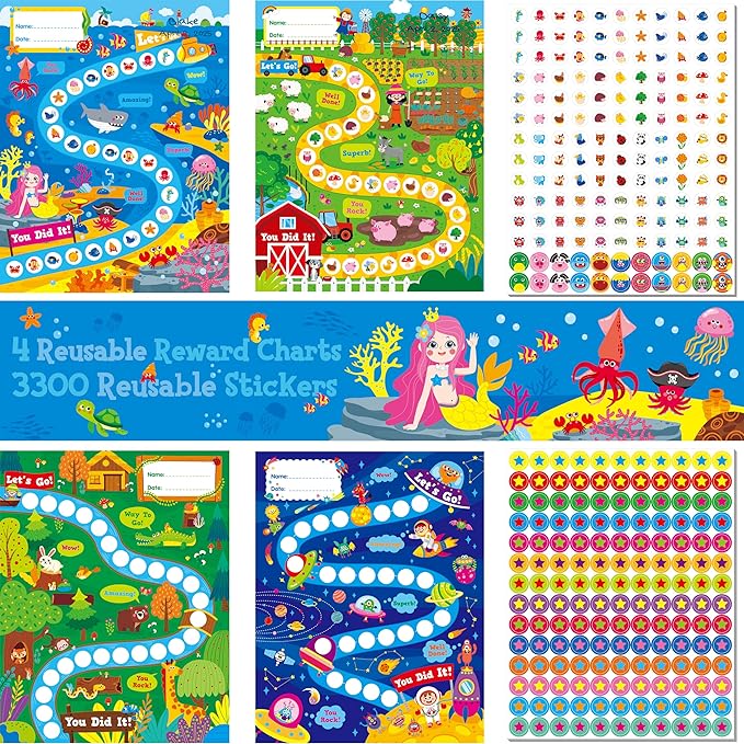 4 Incentive Charts with 3300 Reusable Stickers, Forest/Farm/Ocean/Space Themed Reward Chart for Classroom, Home, Kids Homework Assignments, Attendance, Good Behavior, Chores, Potty Training Progress
