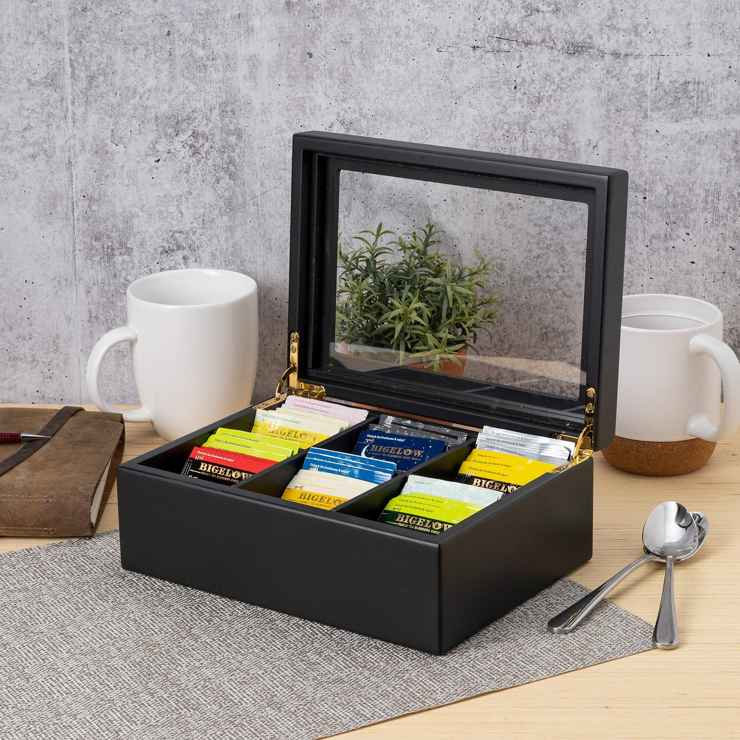 Break Tradition Wooden Tea Organizer For Tea Bags - 6 Compartments, Clear Top Window, Lid Stays Open (Black)