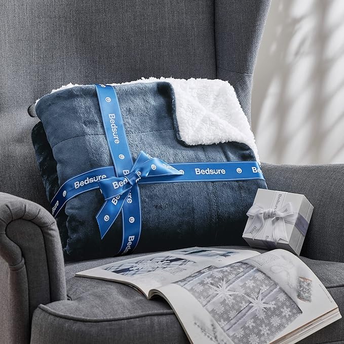 Bedsure Sherpa Fleece Blankets King Size for Bed - Thick and Warm, Soft Fuzzy Plush King Blanket for Winter, Slate Blue, 108x90 Inches