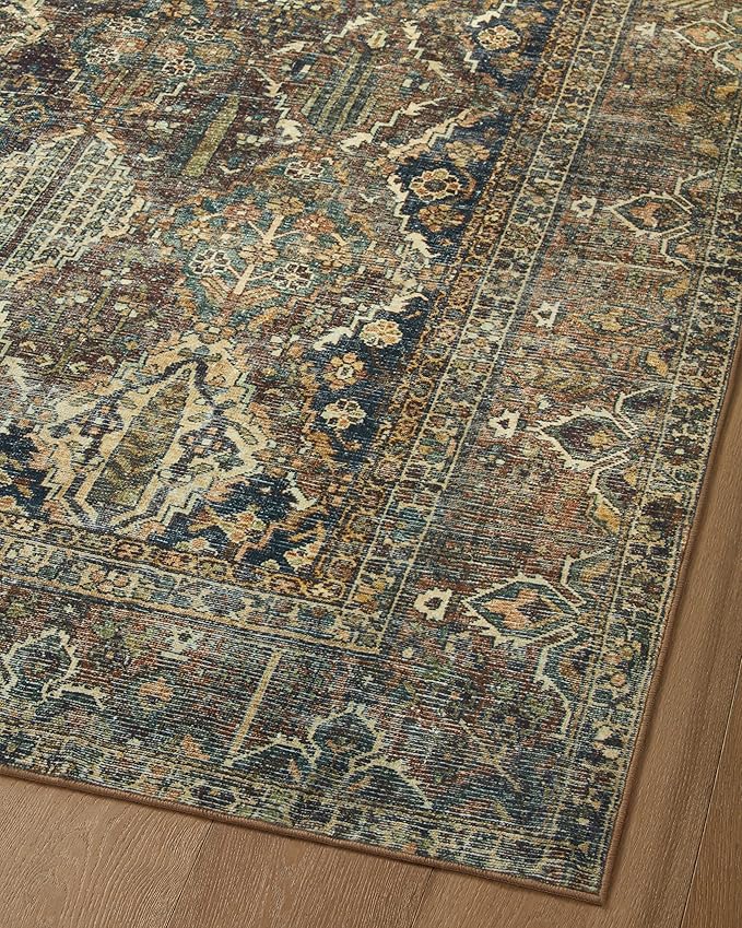 Loloi Magnolia Home by Joanna Gaines Banks Collection BAN-05 Spice/Blue 7'-6" x 9'-6", .13" Pile Height, Machine Washable, Area Rug