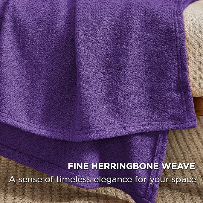 Bedsure 100% Cotton Blanket Twin XL Size for Bed - Breathable and Lightweight, Soft Cozy Textured Herringbone Woven Blanket for Summer Spring, Purple, 66x90 inches