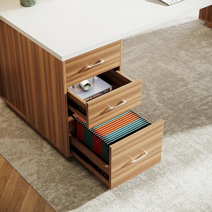 Tribesigns 85.8-Inch L-Shaped Executive Office Desk with File Drawers & Storage Cabinet, Professional Corner Computer Desk Extra Large Business Workstation with Adjustable Shelves (White&Walnut)