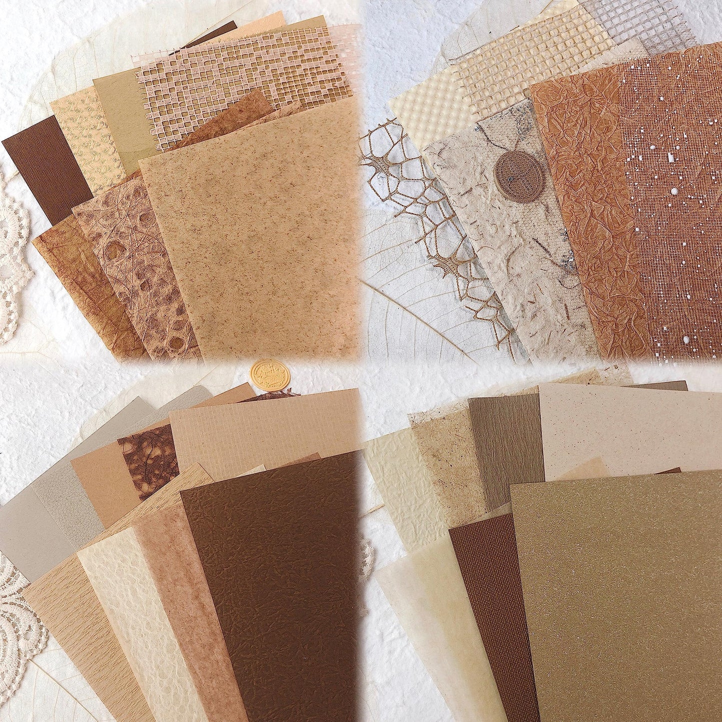 30Pcs Unique Handmade Textured Scrapbook Paper&Mesh Fabric set - A5 sheet Craft Mulberry Special Rice Paper Mix for Scrapbooking Junk Journaling Supplies Card Collage DIY Materials, 5.8x8.2 inches